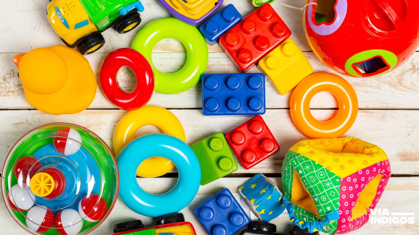 Colourful plastic toys made from food-grade plastic materials, designed to be safe for children.